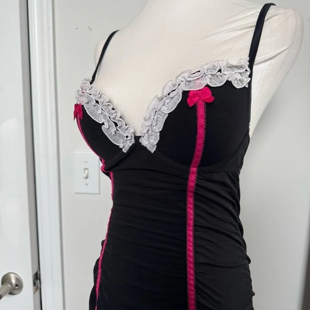 La SENZA y2k Black and Pink Chemise with Lace Trim coquette corset slip dress S - Picture 4 of 7